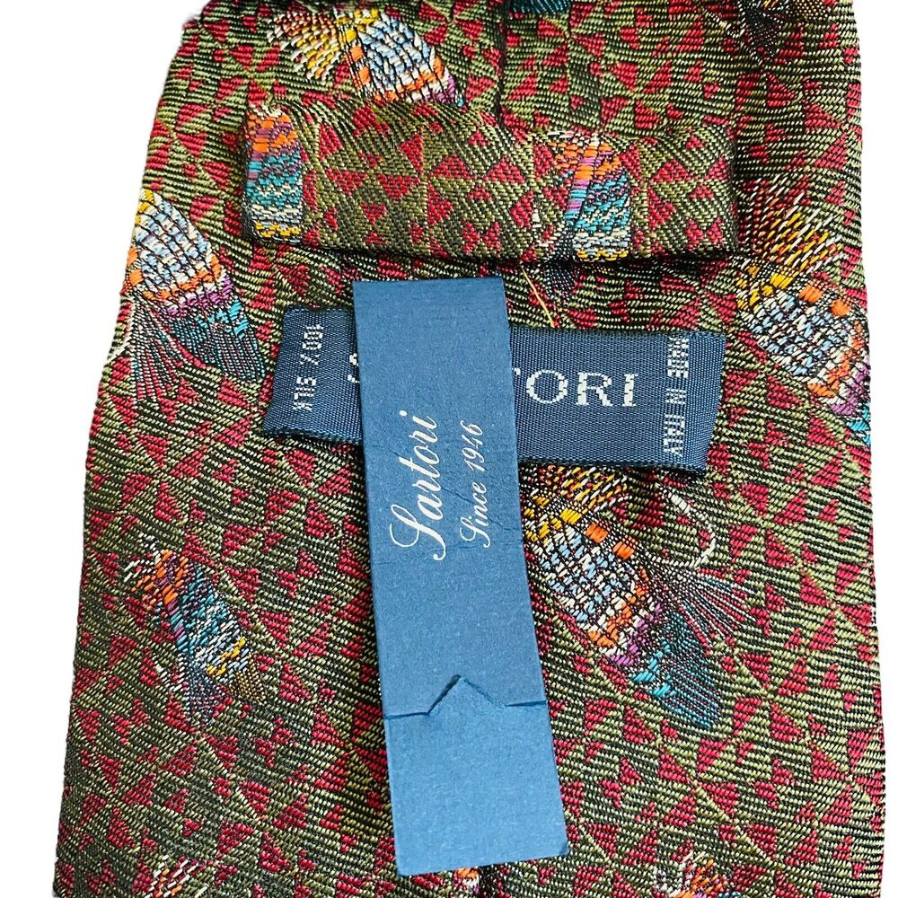 SARTORI Men's 100% Silk Necktie ITALY Designer Geometric Fly‎ Fishing Rare NEW - Picture 8 of 9